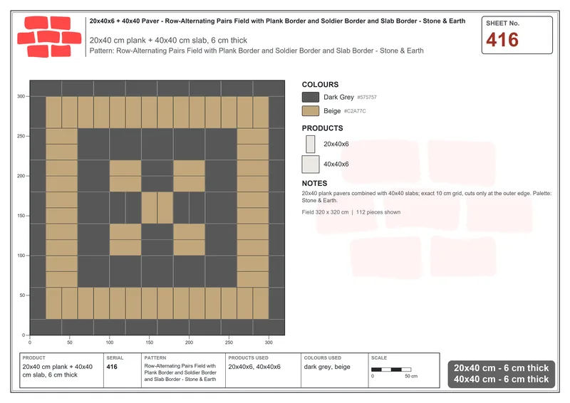 Interlock (Pasco) 20x40 cm · RC24-416 · Row-Alternating Pairs Field with Plank Border and Soldier Border and Slab Border - Stone & Earth · Laying plan Interlock (Pasco) 20x40 cm · RC24-416 · Row-Alternating Pairs Field with Plank Border and Soldier Border and Slab Border - Stone & Earth · Laying plan