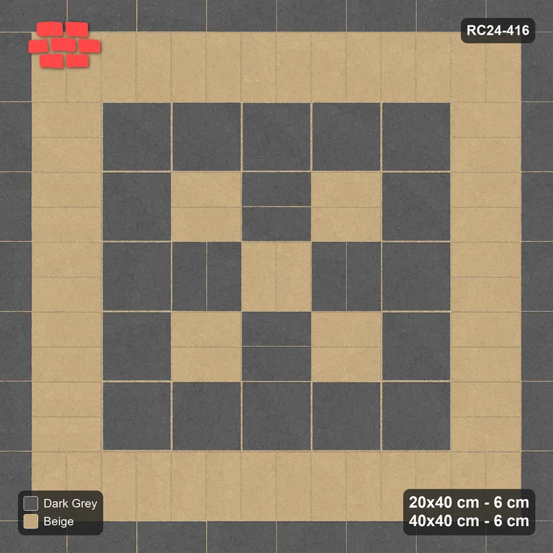 Interlock (Pasco) 20x40 cm · RC24-416 · Row-Alternating Pairs Field with Plank Border and Soldier Border and Slab Border - Stone & Earth · Top view Interlock (Pasco) 20x40 cm · RC24-416 · Row-Alternating Pairs Field with Plank Border and Soldier Border and Slab Border - Stone & Earth · Top view