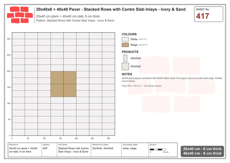 Interlock (Pasco) 20x40 cm · RC24-417 · Stacked Rows with Centre Slab Inlays - Ivory & Sand · Laying plan Interlock (Pasco) 20x40 cm · RC24-417 · Stacked Rows with Centre Slab Inlays - Ivory & Sand · Laying plan