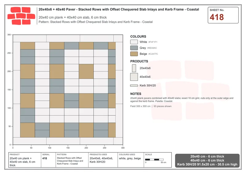 Interlock (Pasco) 20x40 cm · RC24-418 · Stacked Rows with Offset Chequered Slab Inlays and Kerb Frame - Coastal · Laying plan Interlock (Pasco) 20x40 cm · RC24-418 · Stacked Rows with Offset Chequered Slab Inlays and Kerb Frame - Coastal · Laying plan