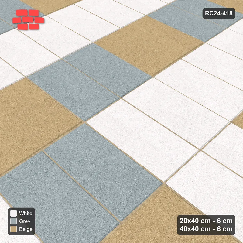 Interlock (Pasco) 20x40 cm · RC24-418 · Stacked Rows with Offset Chequered Slab Inlays and Kerb Frame - Coastal · Side view Interlock (Pasco) 20x40 cm · RC24-418 · Stacked Rows with Offset Chequered Slab Inlays and Kerb Frame - Coastal · Side view