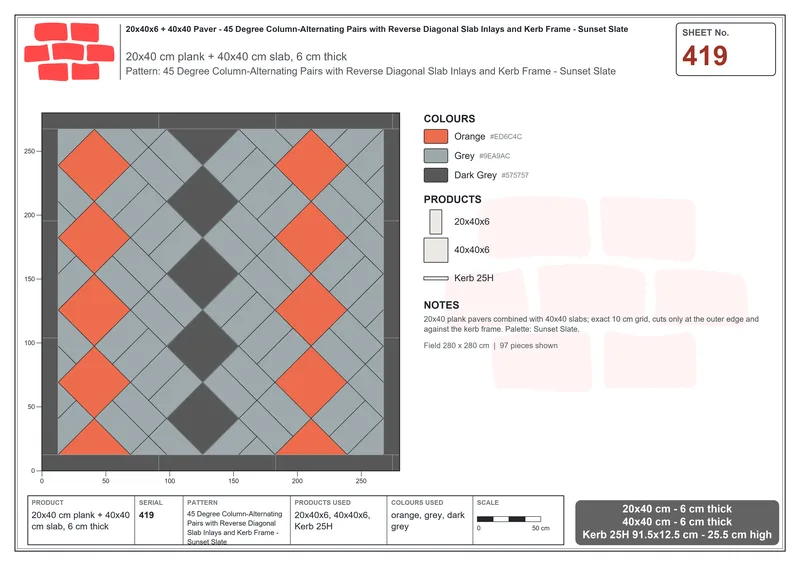 Interlock (Pasco) 20x40 cm · RC24-419 · 45 Degree Column-Alternating Pairs with Reverse Diagonal Slab Inlays and Kerb Frame - Sunset Slate · Laying plan Interlock (Pasco) 20x40 cm · RC24-419 · 45 Degree Column-Alternating Pairs with Reverse Diagonal Slab Inlays and Kerb Frame - Sunset Slate · Laying plan