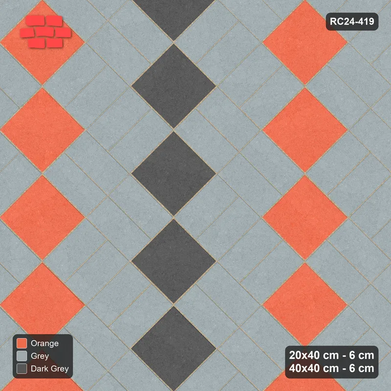Interlock (Pasco) 20x40 cm · RC24-419 · 45 Degree Column-Alternating Pairs with Reverse Diagonal Slab Inlays and Kerb Frame - Sunset Slate · Top view Interlock (Pasco) 20x40 cm · RC24-419 · 45 Degree Column-Alternating Pairs with Reverse Diagonal Slab Inlays and Kerb Frame - Sunset Slate · Top view