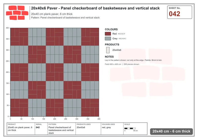 Interlock (Pasco) 20x40 cm · RC24-42 · Panel checkerboard of basketweave and vertical stack · Laying plan Interlock (Pasco) 20x40 cm · RC24-42 · Panel checkerboard of basketweave and vertical stack · Laying plan