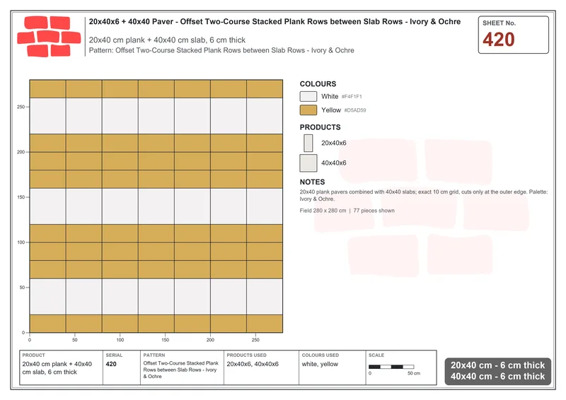Interlock (Pasco) 20x40 cm · RC24-420 · Offset Two-Course Stacked Plank Rows between Slab Rows - Ivory & Ochre · Laying plan Interlock (Pasco) 20x40 cm · RC24-420 · Offset Two-Course Stacked Plank Rows between Slab Rows - Ivory & Ochre · Laying plan