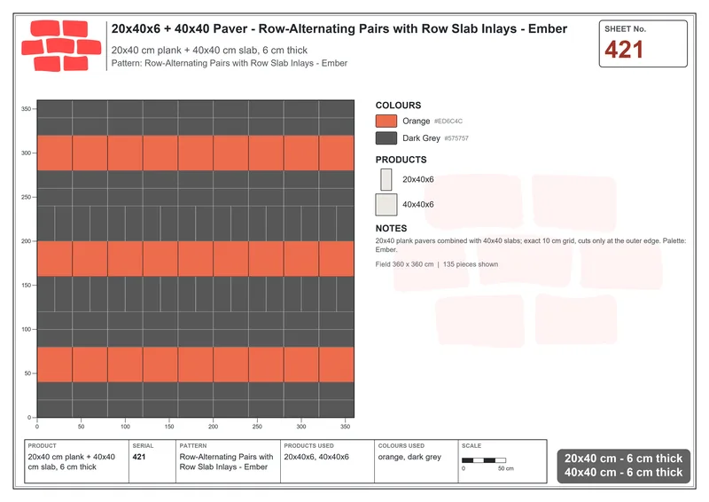 Interlock (Pasco) 20x40 cm · RC24-421 · Row-Alternating Pairs with Row Slab Inlays - Ember · Laying plan Interlock (Pasco) 20x40 cm · RC24-421 · Row-Alternating Pairs with Row Slab Inlays - Ember · Laying plan