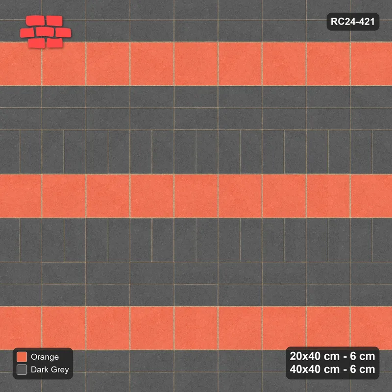 Interlock (Pasco) 20x40 cm · RC24-421 · Row-Alternating Pairs with Row Slab Inlays - Ember · Top view Interlock (Pasco) 20x40 cm · RC24-421 · Row-Alternating Pairs with Row Slab Inlays - Ember · Top view