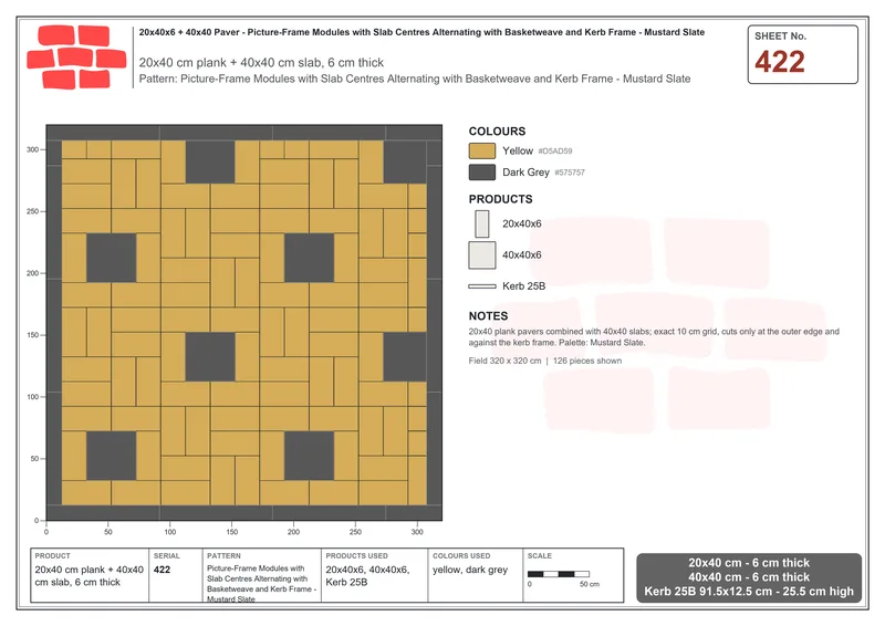 Interlock (Pasco) 20x40 cm · RC24-422 · Picture-Frame Modules with Slab Centres Alternating with Basketweave and Kerb Frame - Mustard Slate · Laying plan Interlock (Pasco) 20x40 cm · RC24-422 · Picture-Frame Modules with Slab Centres Alternating with Basketweave and Kerb Frame - Mustard Slate · Laying plan