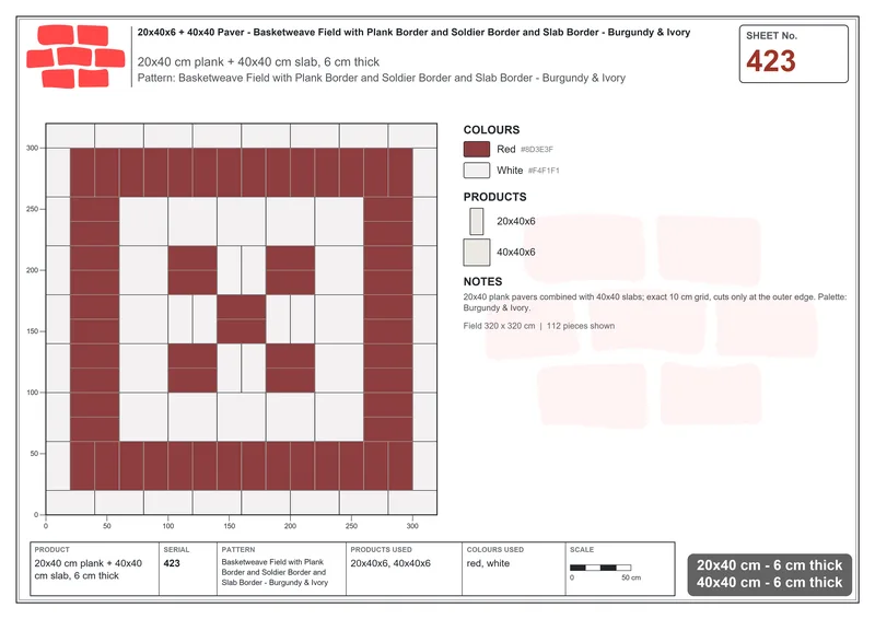 Interlock (Pasco) 20x40 cm · RC24-423 · Basketweave Field with Plank Border and Soldier Border and Slab Border - Burgundy & Ivory · Laying plan Interlock (Pasco) 20x40 cm · RC24-423 · Basketweave Field with Plank Border and Soldier Border and Slab Border - Burgundy & Ivory · Laying plan
