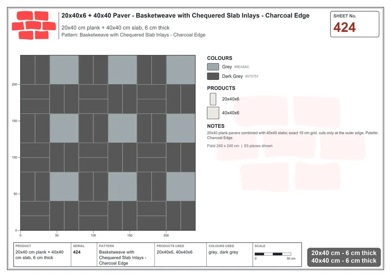 Interlock (Pasco) 20x40 cm · RC24-424 · Basketweave with Chequered Slab Inlays - Charcoal Edge · Laying plan Interlock (Pasco) 20x40 cm · RC24-424 · Basketweave with Chequered Slab Inlays - Charcoal Edge · Laying plan