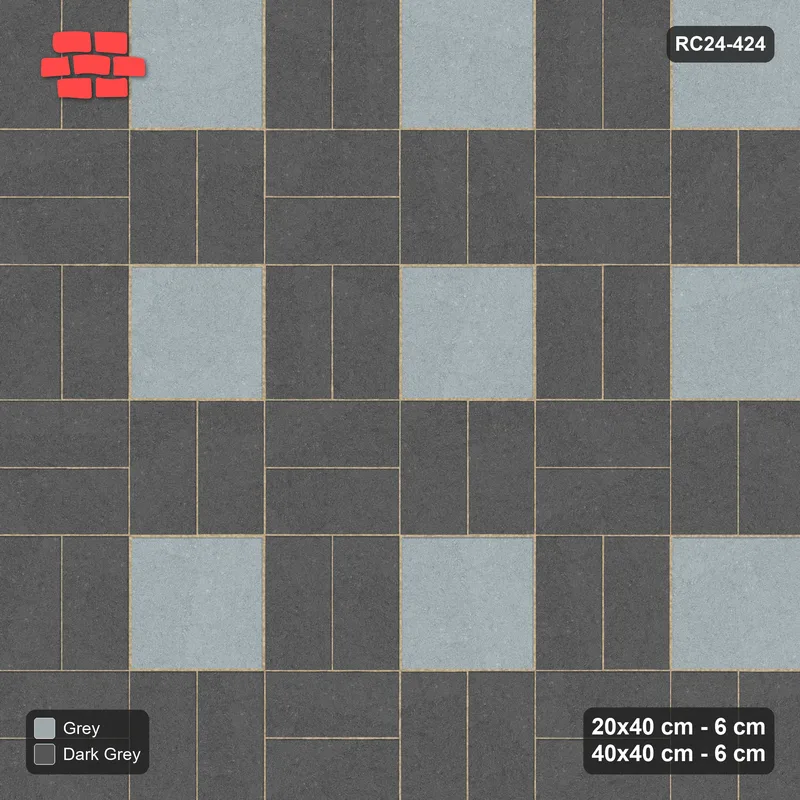 Interlock (Pasco) 20x40 cm · RC24-424 · Basketweave with Chequered Slab Inlays - Charcoal Edge · Top view Interlock (Pasco) 20x40 cm · RC24-424 · Basketweave with Chequered Slab Inlays - Charcoal Edge · Top view