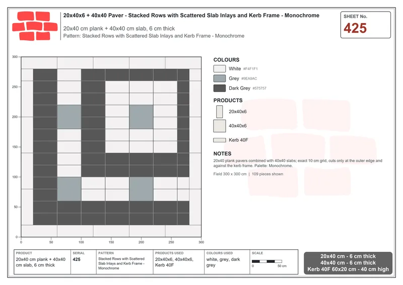 Interlock (Pasco) 20x40 cm · RC24-425 · Stacked Rows with Scattered Slab Inlays and Kerb Frame - Monochrome · Laying plan Interlock (Pasco) 20x40 cm · RC24-425 · Stacked Rows with Scattered Slab Inlays and Kerb Frame - Monochrome · Laying plan