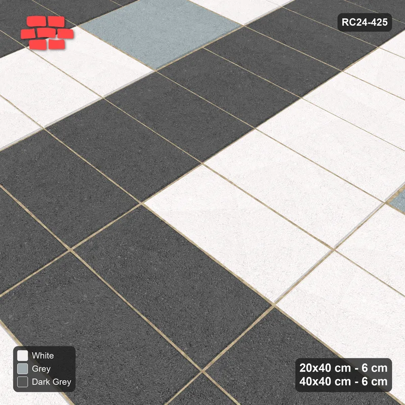 Interlock (Pasco) 20x40 cm · RC24-425 · Stacked Rows with Scattered Slab Inlays and Kerb Frame - Monochrome · Side view Interlock (Pasco) 20x40 cm · RC24-425 · Stacked Rows with Scattered Slab Inlays and Kerb Frame - Monochrome · Side view