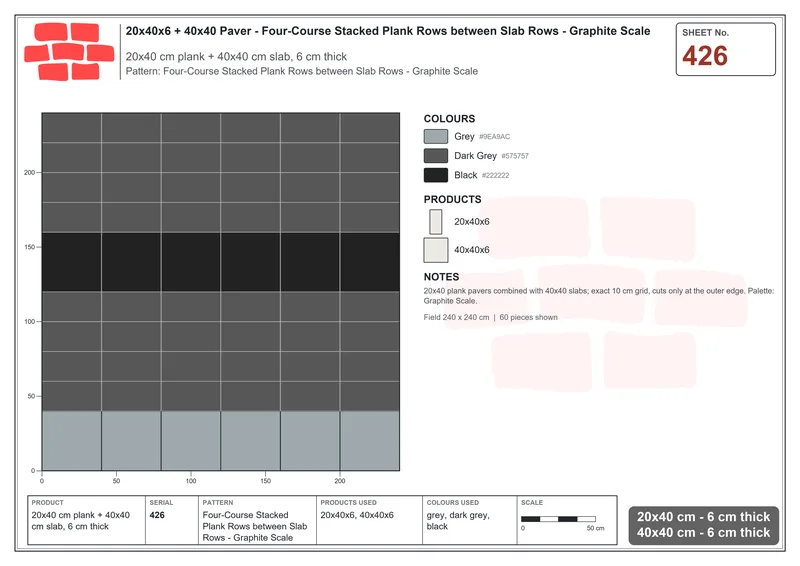 Interlock (Pasco) 20x40 cm · RC24-426 · Four-Course Stacked Plank Rows between Slab Rows - Graphite Scale · Laying plan Interlock (Pasco) 20x40 cm · RC24-426 · Four-Course Stacked Plank Rows between Slab Rows - Graphite Scale · Laying plan