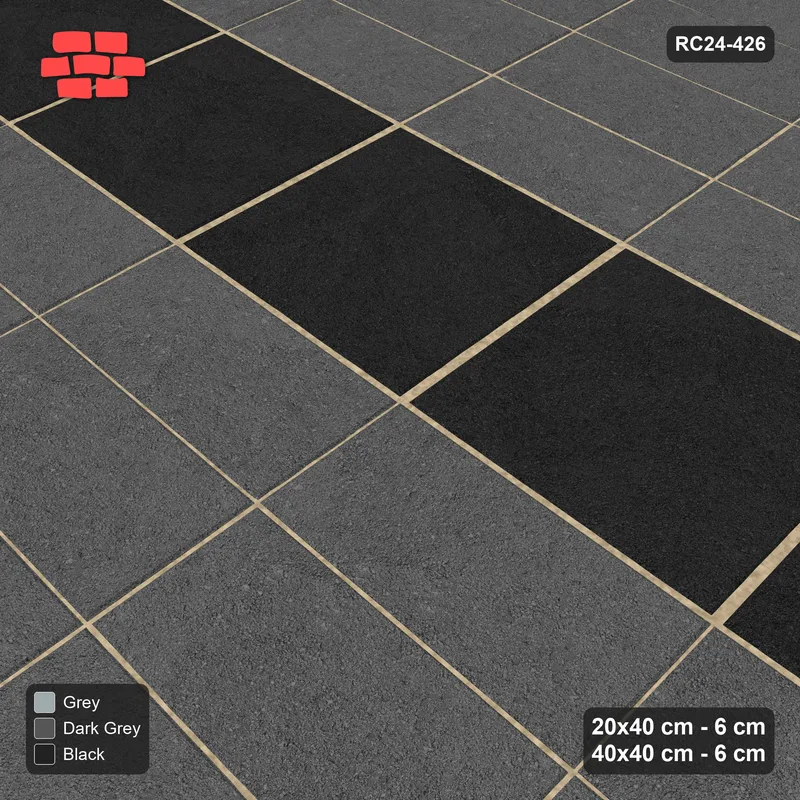 Interlock (Pasco) 20x40 cm · RC24-426 · Four-Course Stacked Plank Rows between Slab Rows - Graphite Scale · Side view Interlock (Pasco) 20x40 cm · RC24-426 · Four-Course Stacked Plank Rows between Slab Rows - Graphite Scale · Side view