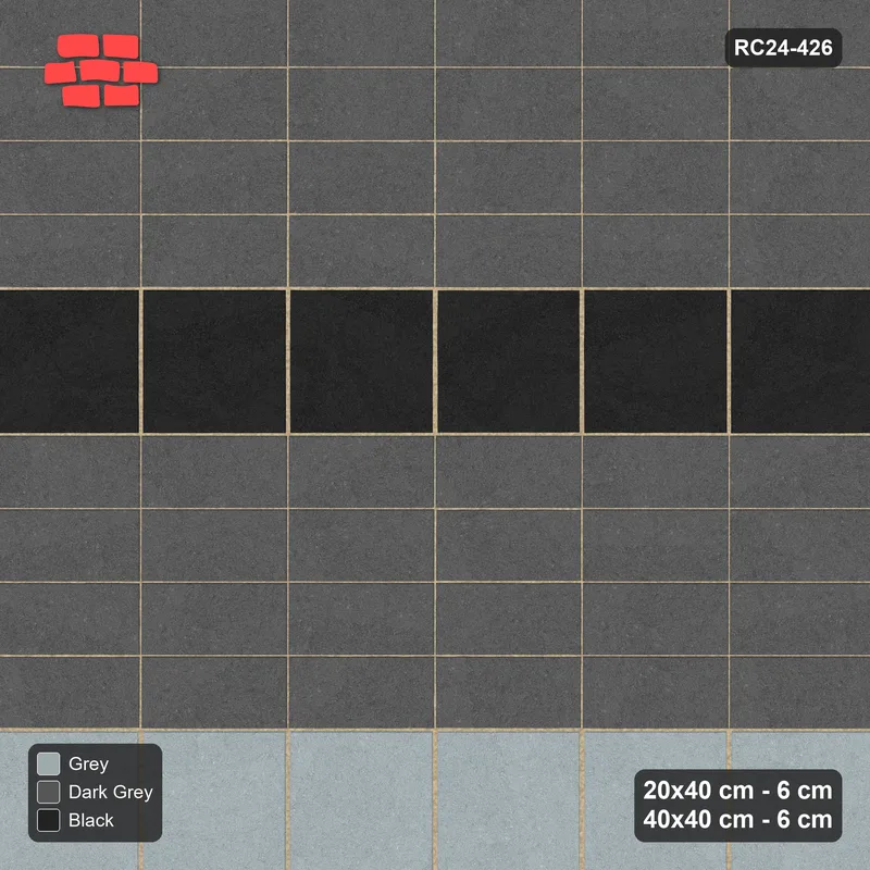 Interlock (Pasco) 20x40 cm · RC24-426 · Four-Course Stacked Plank Rows between Slab Rows - Graphite Scale · Top view Interlock (Pasco) 20x40 cm · RC24-426 · Four-Course Stacked Plank Rows between Slab Rows - Graphite Scale · Top view
