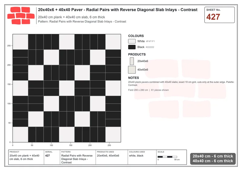 Interlock (Pasco) 20x40 cm · RC24-427 · Radial Pairs with Reverse Diagonal Slab Inlays - Contrast · Laying plan Interlock (Pasco) 20x40 cm · RC24-427 · Radial Pairs with Reverse Diagonal Slab Inlays - Contrast · Laying plan