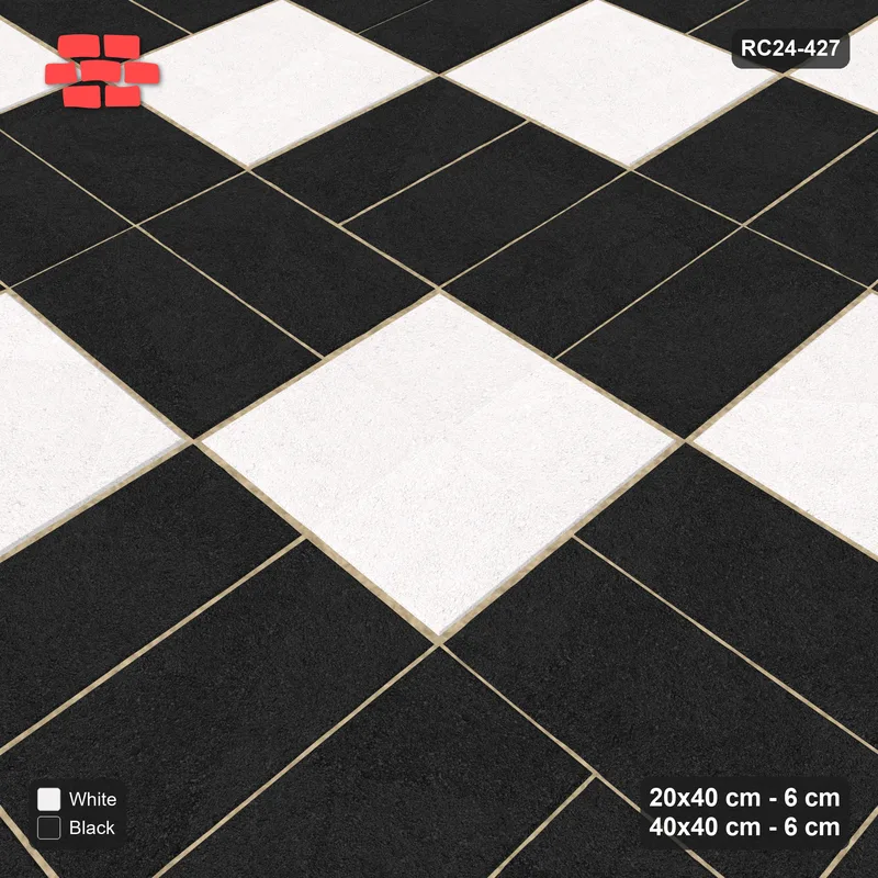 Interlock (Pasco) 20x40 cm · RC24-427 · Radial Pairs with Reverse Diagonal Slab Inlays - Contrast · Side view Interlock (Pasco) 20x40 cm · RC24-427 · Radial Pairs with Reverse Diagonal Slab Inlays - Contrast · Side view