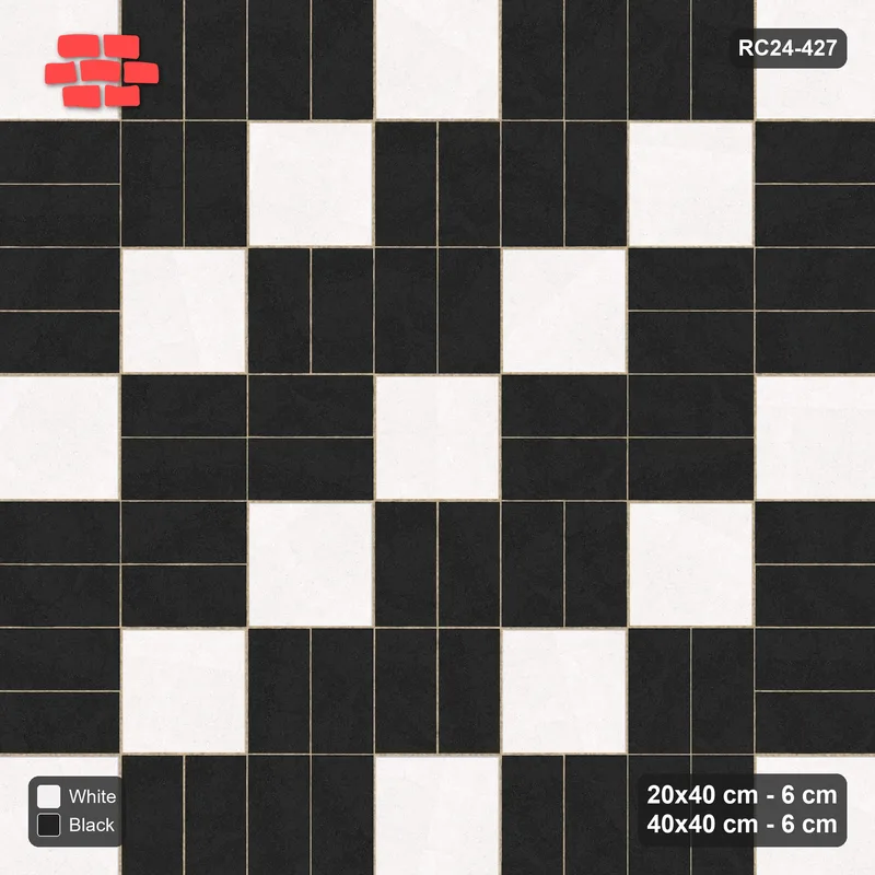 Interlock (Pasco) 20x40 cm · RC24-427 · Radial Pairs with Reverse Diagonal Slab Inlays - Contrast · Top view Interlock (Pasco) 20x40 cm · RC24-427 · Radial Pairs with Reverse Diagonal Slab Inlays - Contrast · Top view