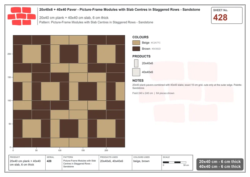 Interlock (Pasco) 20x40 cm · RC24-428 · Picture-Frame Modules with Slab Centres in Staggered Rows - Sandstone · Laying plan Interlock (Pasco) 20x40 cm · RC24-428 · Picture-Frame Modules with Slab Centres in Staggered Rows - Sandstone · Laying plan
