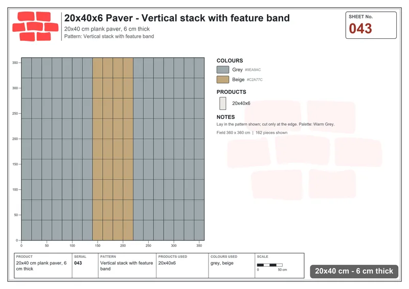 Interlock (Pasco) 20x40 cm · RC24-43 · Vertical stack with feature band · Laying plan Interlock (Pasco) 20x40 cm · RC24-43 · Vertical stack with feature band · Laying plan