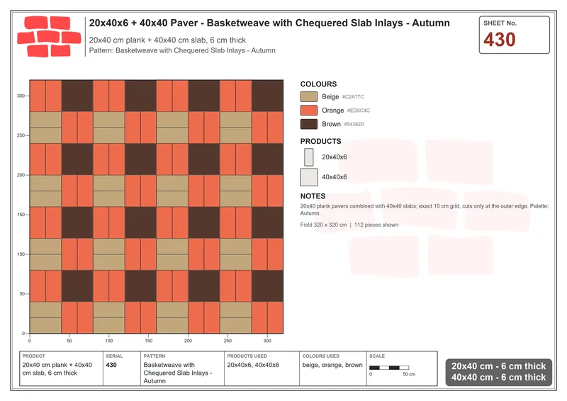 Interlock (Pasco) 20x40 cm · RC24-430 · Basketweave with Chequered Slab Inlays - Autumn · Laying plan Interlock (Pasco) 20x40 cm · RC24-430 · Basketweave with Chequered Slab Inlays - Autumn · Laying plan