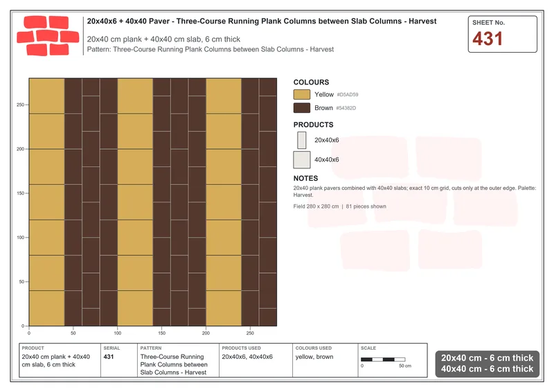 Interlock (Pasco) 20x40 cm · RC24-431 · Three-Course Running Plank Columns between Slab Columns - Harvest · Laying plan Interlock (Pasco) 20x40 cm · RC24-431 · Three-Course Running Plank Columns between Slab Columns - Harvest · Laying plan