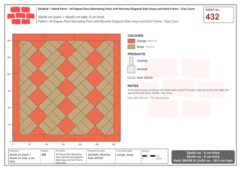 Interlock (Pasco) 20x40 cm · RC24-432 · 45 Degree Row-Alternating Pairs with Reverse Diagonal Slab Inlays and Kerb Frame - Clay Court · Laying plan Interlock (Pasco) 20x40 cm · RC24-432 · 45 Degree Row-Alternating Pairs with Reverse Diagonal Slab Inlays and Kerb Frame - Clay Court · Laying plan