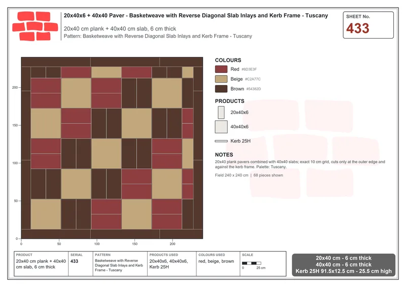 Interlock (Pasco) 20x40 cm · RC24-433 · Basketweave with Reverse Diagonal Slab Inlays and Kerb Frame - Tuscany · Laying plan Interlock (Pasco) 20x40 cm · RC24-433 · Basketweave with Reverse Diagonal Slab Inlays and Kerb Frame - Tuscany · Laying plan