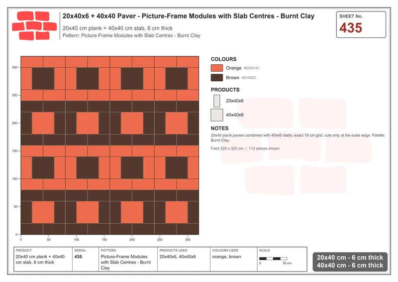 Interlock (Pasco) 20x40 cm · RC24-435 · Picture-Frame Modules with Slab Centres - Burnt Clay · Laying plan Interlock (Pasco) 20x40 cm · RC24-435 · Picture-Frame Modules with Slab Centres - Burnt Clay · Laying plan