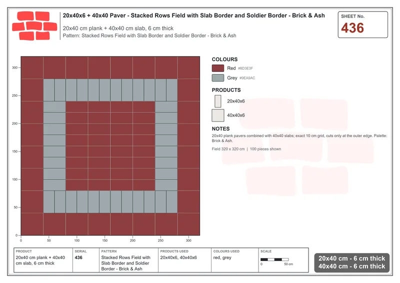 Interlock (Pasco) 20x40 cm · RC24-436 · Stacked Rows Field with Slab Border and Soldier Border - Brick & Ash · Laying plan Interlock (Pasco) 20x40 cm · RC24-436 · Stacked Rows Field with Slab Border and Soldier Border - Brick & Ash · Laying plan
