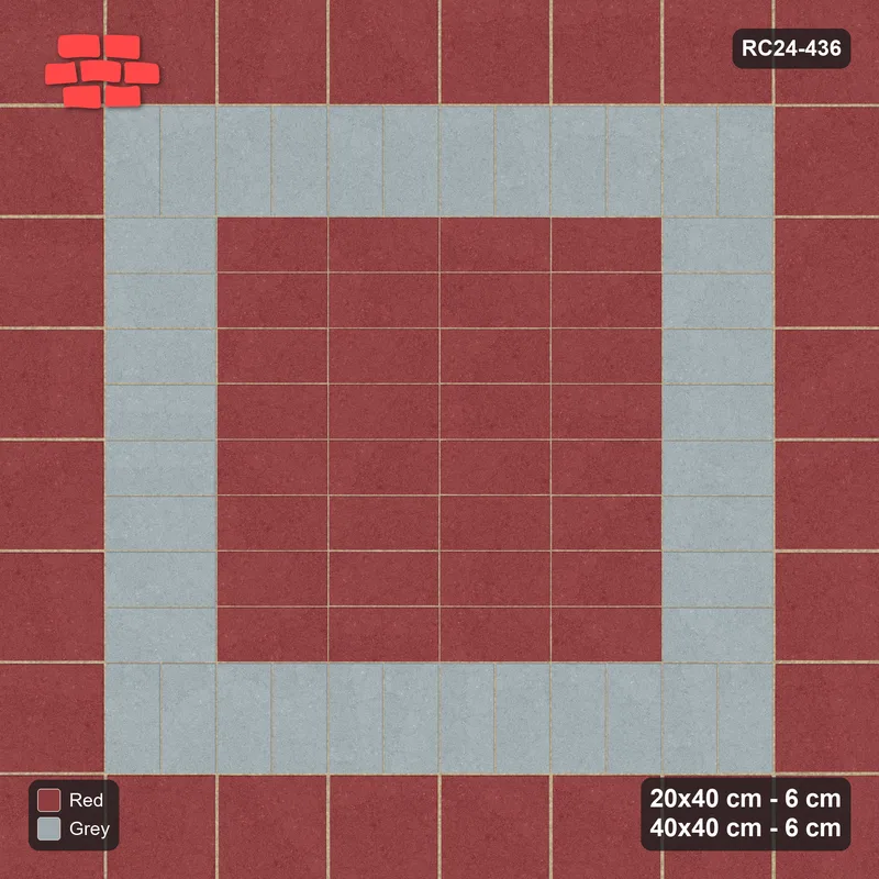 Interlock (Pasco) 20x40 cm · RC24-436 · Stacked Rows Field with Slab Border and Soldier Border - Brick & Ash · Top view Interlock (Pasco) 20x40 cm · RC24-436 · Stacked Rows Field with Slab Border and Soldier Border - Brick & Ash · Top view