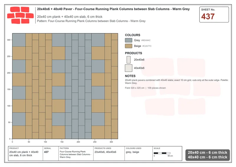 Interlock (Pasco) 20x40 cm · RC24-437 · Four-Course Running Plank Columns between Slab Columns - Warm Grey · Laying plan Interlock (Pasco) 20x40 cm · RC24-437 · Four-Course Running Plank Columns between Slab Columns - Warm Grey · Laying plan