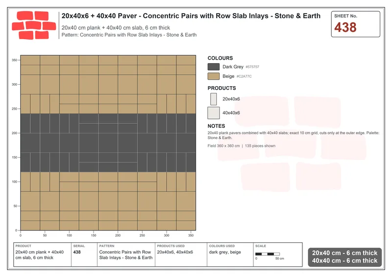 Interlock (Pasco) 20x40 cm · RC24-438 · Concentric Pairs with Row Slab Inlays - Stone & Earth · Laying plan Interlock (Pasco) 20x40 cm · RC24-438 · Concentric Pairs with Row Slab Inlays - Stone & Earth · Laying plan