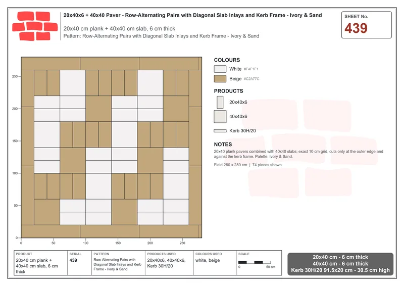 Interlock (Pasco) 20x40 cm · RC24-439 · Row-Alternating Pairs with Diagonal Slab Inlays and Kerb Frame - Ivory & Sand · Laying plan Interlock (Pasco) 20x40 cm · RC24-439 · Row-Alternating Pairs with Diagonal Slab Inlays and Kerb Frame - Ivory & Sand · Laying plan