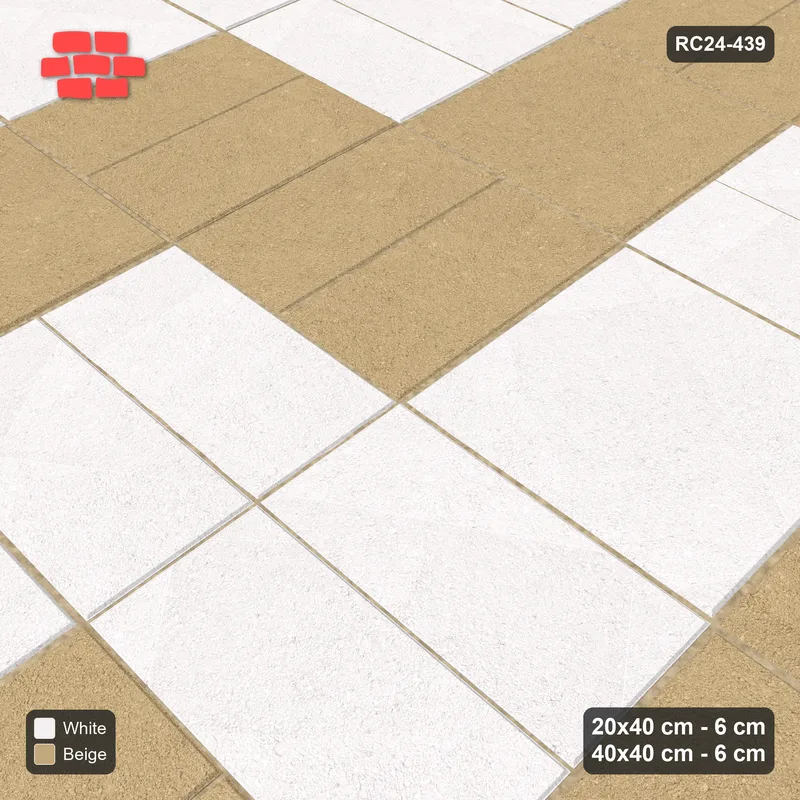 Interlock (Pasco) 20x40 cm · RC24-439 · Row-Alternating Pairs with Diagonal Slab Inlays and Kerb Frame - Ivory & Sand · Side view Interlock (Pasco) 20x40 cm · RC24-439 · Row-Alternating Pairs with Diagonal Slab Inlays and Kerb Frame - Ivory & Sand · Side view
