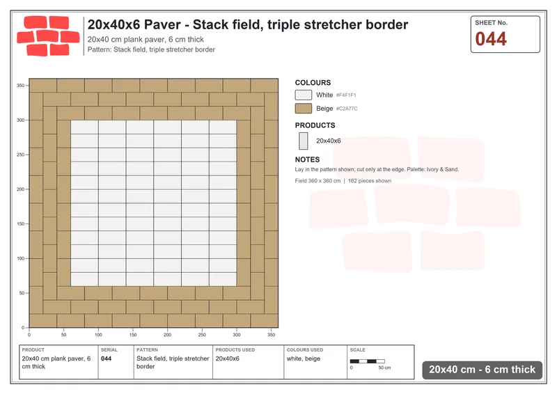 Interlock (Pasco) 20x40 cm · RC24-44 · Stack field, triple stretcher border · Laying plan Interlock (Pasco) 20x40 cm · RC24-44 · Stack field, triple stretcher border · Laying plan
