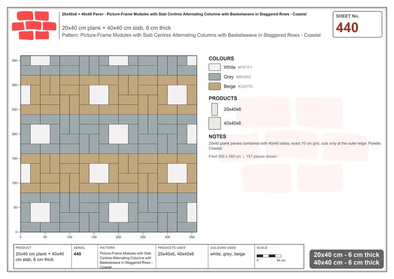 Interlock (Pasco) 20x40 cm · RC24-440 · Picture-Frame Modules with Slab Centres Alternating Columns with Basketweave in Staggered Rows - Coastal · Laying plan Interlock (Pasco) 20x40 cm · RC24-440 · Picture-Frame Modules with Slab Centres Alternating Columns with Basketweave in Staggered Rows - Coastal · Laying plan