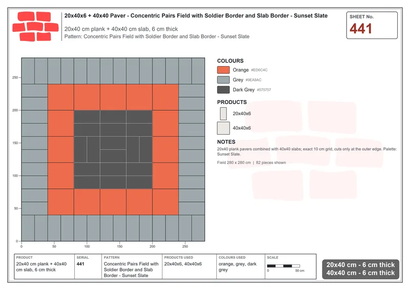 Interlock (Pasco) 20x40 cm · RC24-441 · Concentric Pairs Field with Soldier Border and Slab Border - Sunset Slate · Laying plan Interlock (Pasco) 20x40 cm · RC24-441 · Concentric Pairs Field with Soldier Border and Slab Border - Sunset Slate · Laying plan
