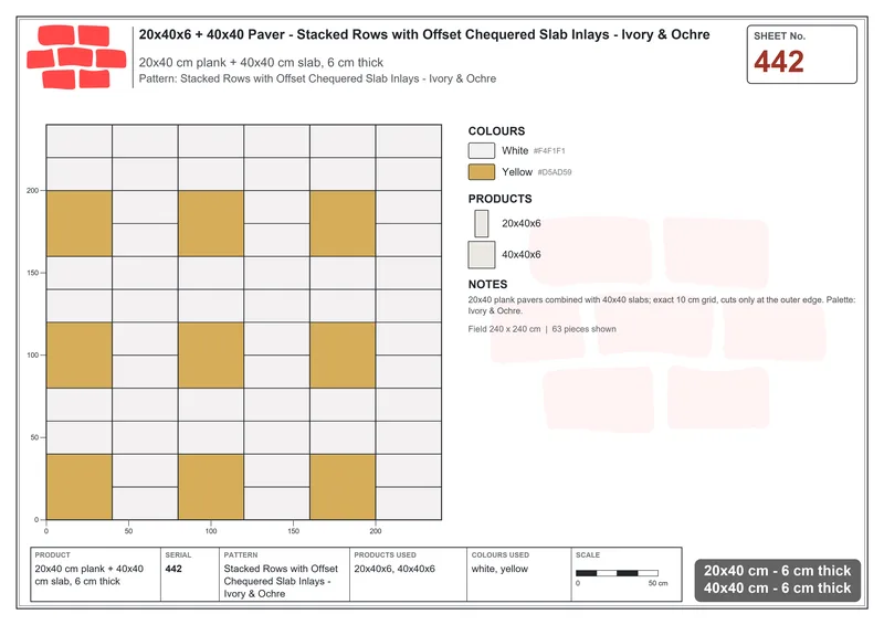 Interlock (Pasco) 20x40 cm · RC24-442 · Stacked Rows with Offset Chequered Slab Inlays - Ivory & Ochre · Laying plan Interlock (Pasco) 20x40 cm · RC24-442 · Stacked Rows with Offset Chequered Slab Inlays - Ivory & Ochre · Laying plan