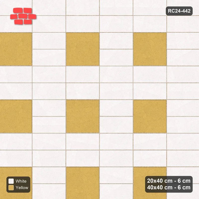 Interlock (Pasco) 20x40 cm · RC24-442 · Stacked Rows with Offset Chequered Slab Inlays - Ivory & Ochre · Top view Interlock (Pasco) 20x40 cm · RC24-442 · Stacked Rows with Offset Chequered Slab Inlays - Ivory & Ochre · Top view
