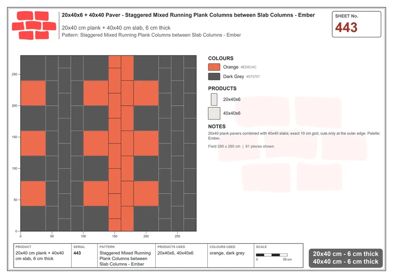 Interlock (Pasco) 20x40 cm · RC24-443 · Staggered Mixed Running Plank Columns between Slab Columns - Ember · Laying plan Interlock (Pasco) 20x40 cm · RC24-443 · Staggered Mixed Running Plank Columns between Slab Columns - Ember · Laying plan