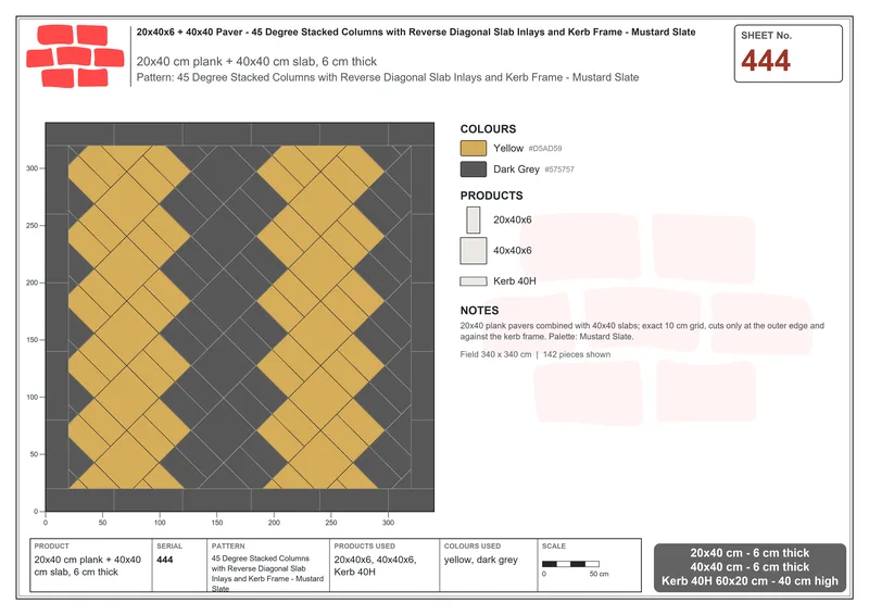 Interlock (Pasco) 20x40 cm · RC24-444 · 45 Degree Stacked Columns with Reverse Diagonal Slab Inlays and Kerb Frame - Mustard Slate · Laying plan Interlock (Pasco) 20x40 cm · RC24-444 · 45 Degree Stacked Columns with Reverse Diagonal Slab Inlays and Kerb Frame - Mustard Slate · Laying plan