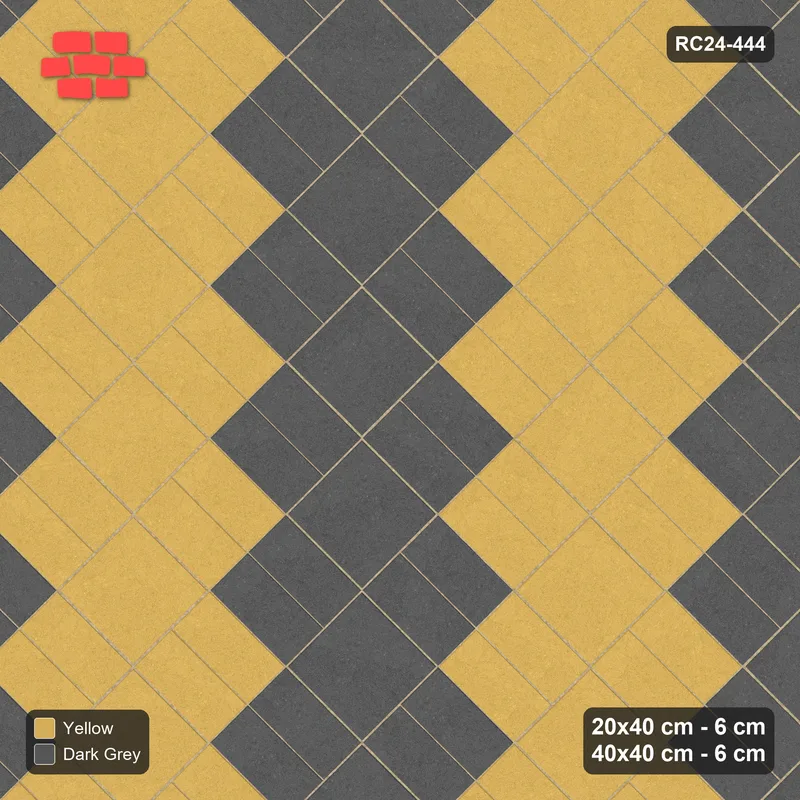 Interlock (Pasco) 20x40 cm · RC24-444 · 45 Degree Stacked Columns with Reverse Diagonal Slab Inlays and Kerb Frame - Mustard Slate · Top view Interlock (Pasco) 20x40 cm · RC24-444 · 45 Degree Stacked Columns with Reverse Diagonal Slab Inlays and Kerb Frame - Mustard Slate · Top view