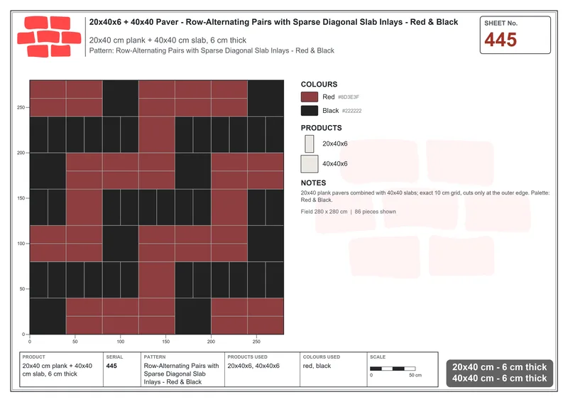 Interlock (Pasco) 20x40 cm · RC24-445 · Row-Alternating Pairs with Sparse Diagonal Slab Inlays - Red & Black · Laying plan Interlock (Pasco) 20x40 cm · RC24-445 · Row-Alternating Pairs with Sparse Diagonal Slab Inlays - Red & Black · Laying plan