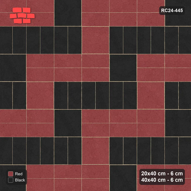 Interlock (Pasco) 20x40 cm · RC24-445 · Row-Alternating Pairs with Sparse Diagonal Slab Inlays - Red & Black · Top view Interlock (Pasco) 20x40 cm · RC24-445 · Row-Alternating Pairs with Sparse Diagonal Slab Inlays - Red & Black · Top view