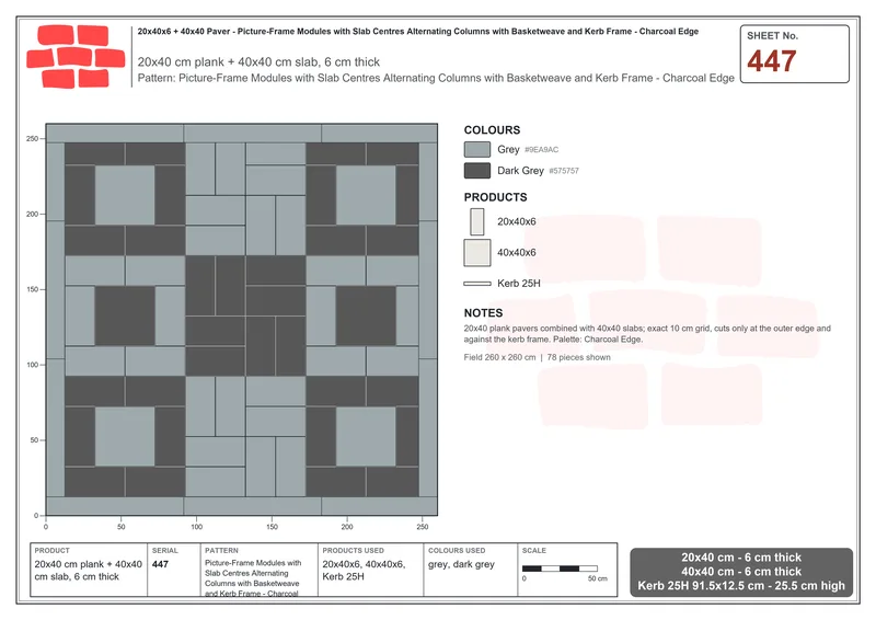 Interlock (Pasco) 20x40 cm · RC24-447 · Picture-Frame Modules with Slab Centres Alternating Columns with Basketweave and Kerb Frame - Charcoal Edge · Laying plan Interlock (Pasco) 20x40 cm · RC24-447 · Picture-Frame Modules with Slab Centres Alternating Columns with Basketweave and Kerb Frame - Charcoal Edge · Laying plan