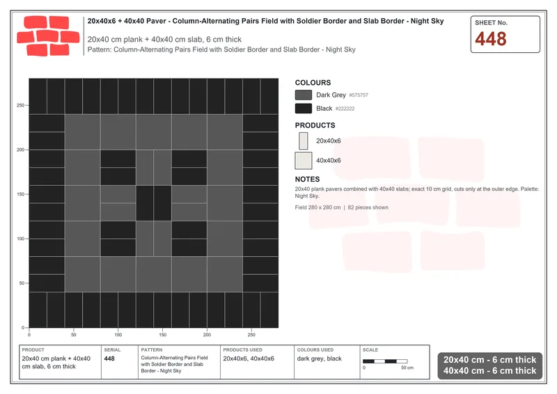 Interlock (Pasco) 20x40 cm · RC24-448 · Column-Alternating Pairs Field with Soldier Border and Slab Border - Night Sky · Laying plan Interlock (Pasco) 20x40 cm · RC24-448 · Column-Alternating Pairs Field with Soldier Border and Slab Border - Night Sky · Laying plan