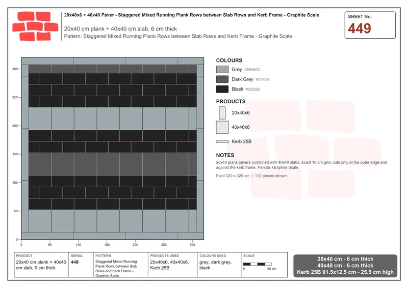 Interlock (Pasco) 20x40 cm · RC24-449 · Staggered Mixed Running Plank Rows between Slab Rows and Kerb Frame - Graphite Scale · Laying plan Interlock (Pasco) 20x40 cm · RC24-449 · Staggered Mixed Running Plank Rows between Slab Rows and Kerb Frame - Graphite Scale · Laying plan