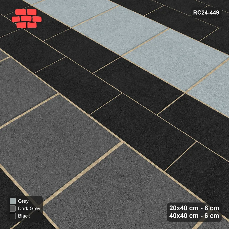 Interlock (Pasco) 20x40 cm · RC24-449 · Staggered Mixed Running Plank Rows between Slab Rows and Kerb Frame - Graphite Scale · Side view Interlock (Pasco) 20x40 cm · RC24-449 · Staggered Mixed Running Plank Rows between Slab Rows and Kerb Frame - Graphite Scale · Side view